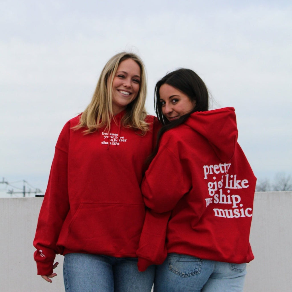 red christian hoodie pretty girls like worship music friends 