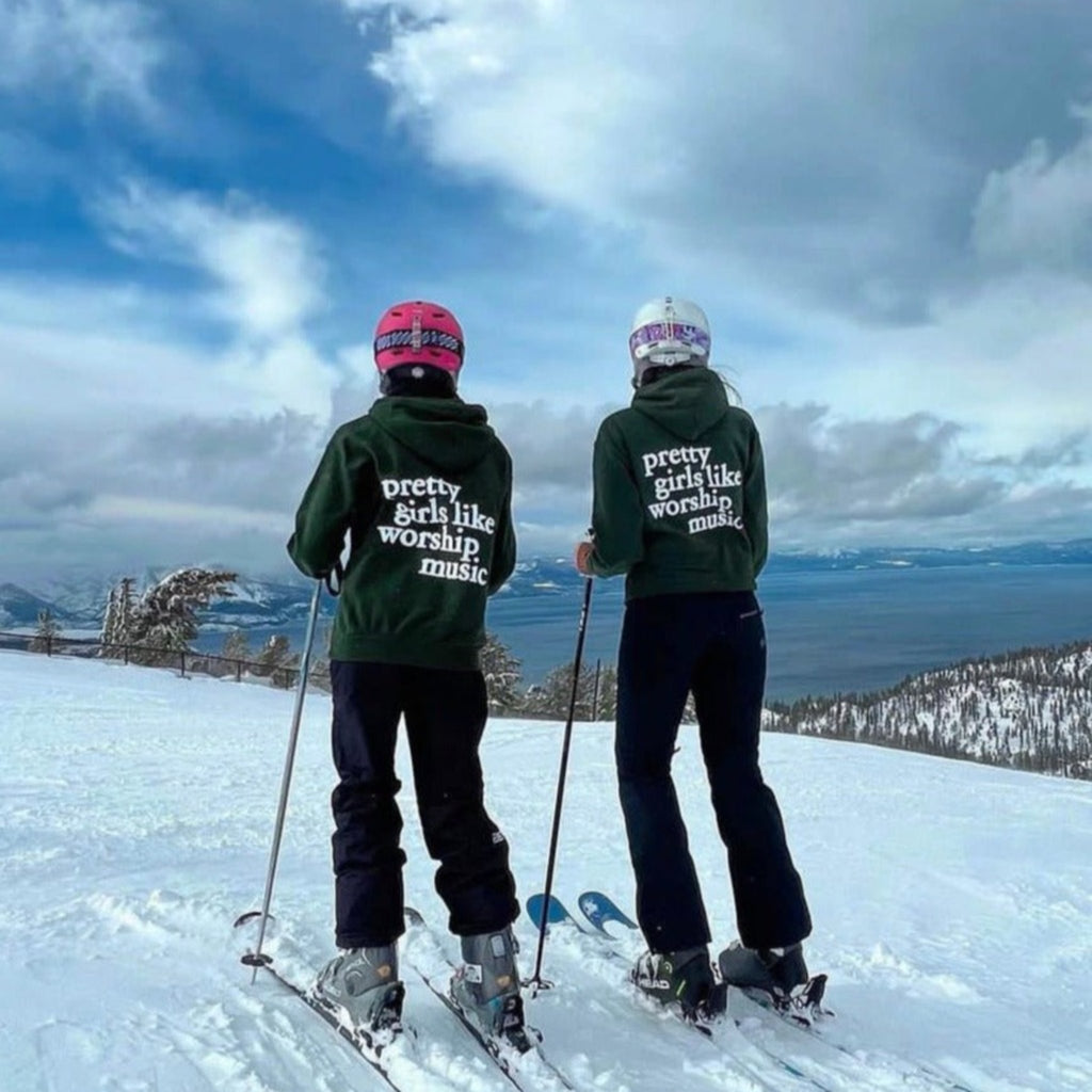 Pretty girl like worship music hoodie green on ski slope