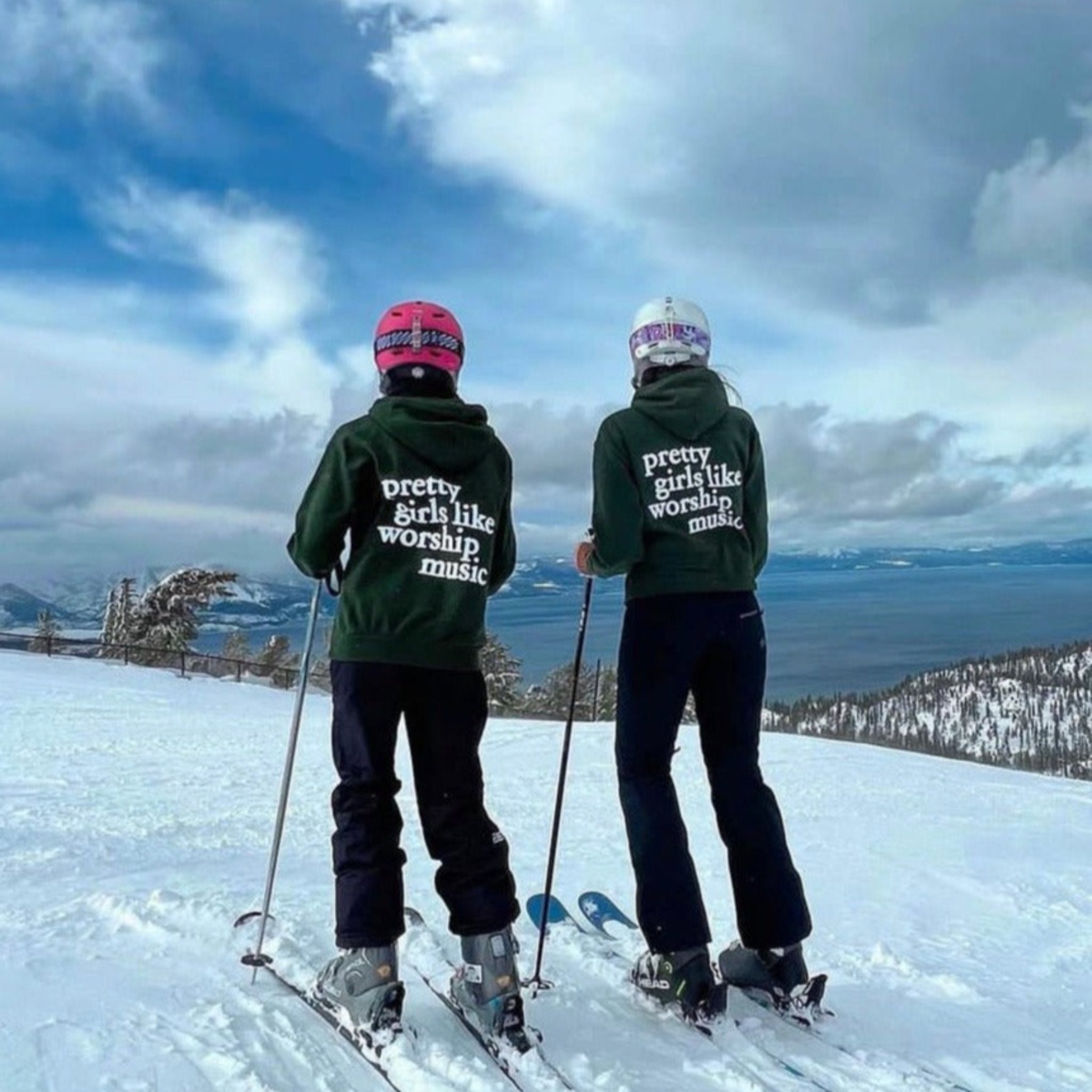 Pretty girl like worship music hoodie green on ski slope