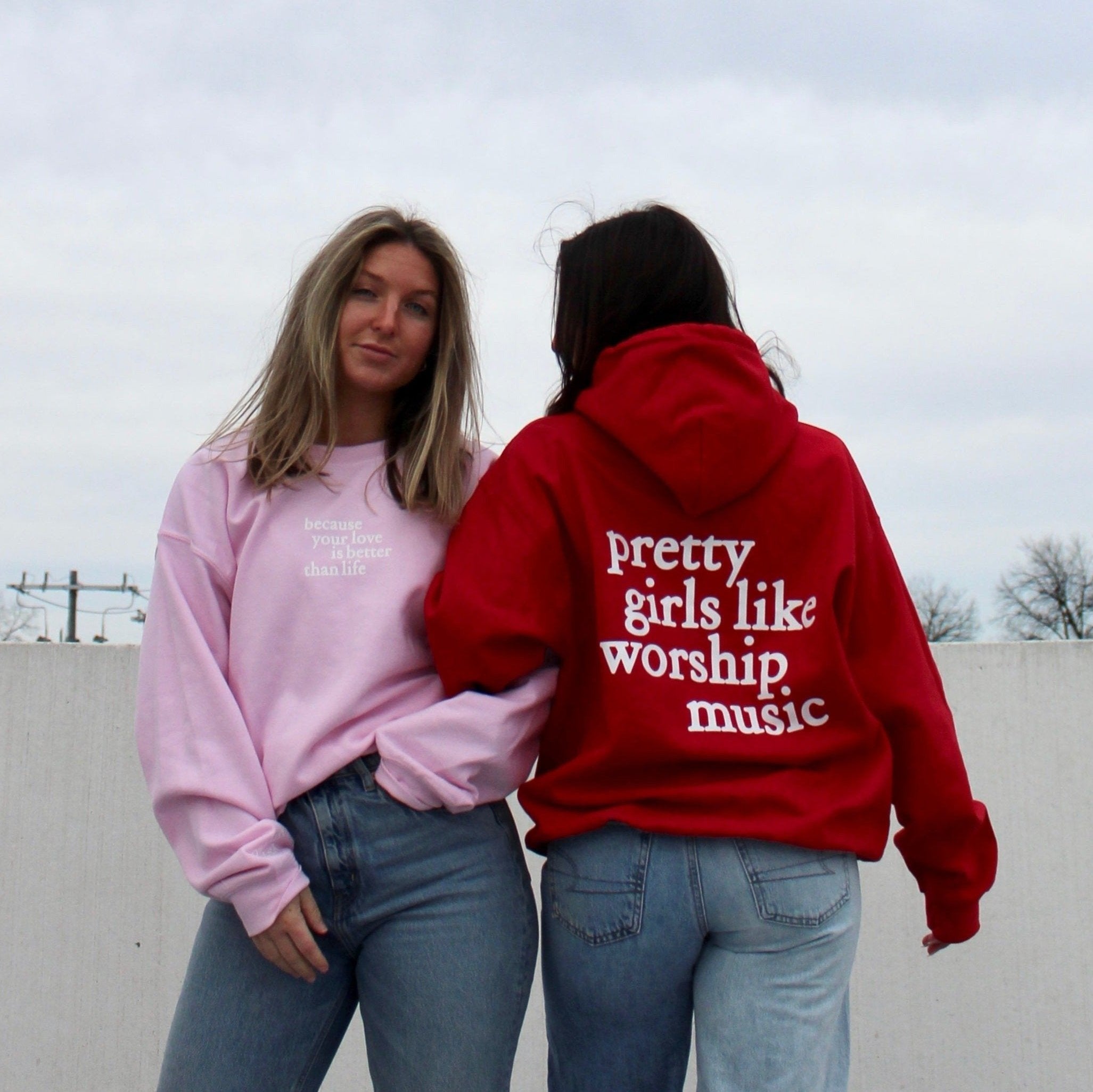 Pretty girls like worship music hoodie in pink and red friends hugging