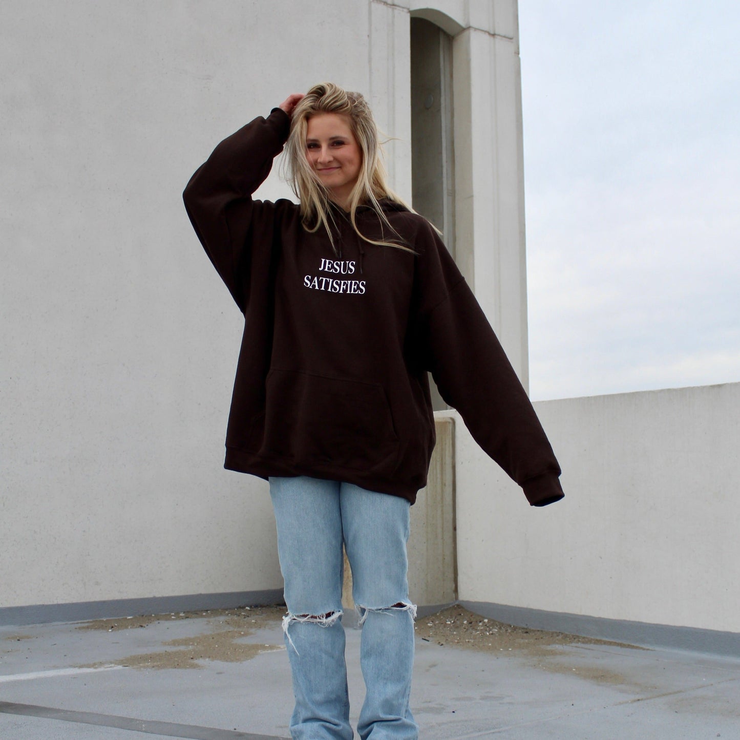 only Jesus satisfies brown gildan oversized cotton and polyester hoodie