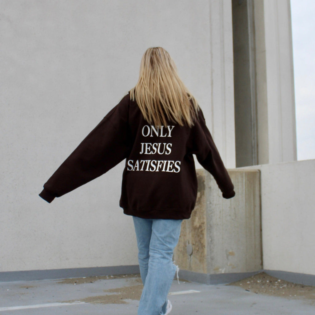 only Jesus satisfies brown gildan oversized cotton and polyester hoodie