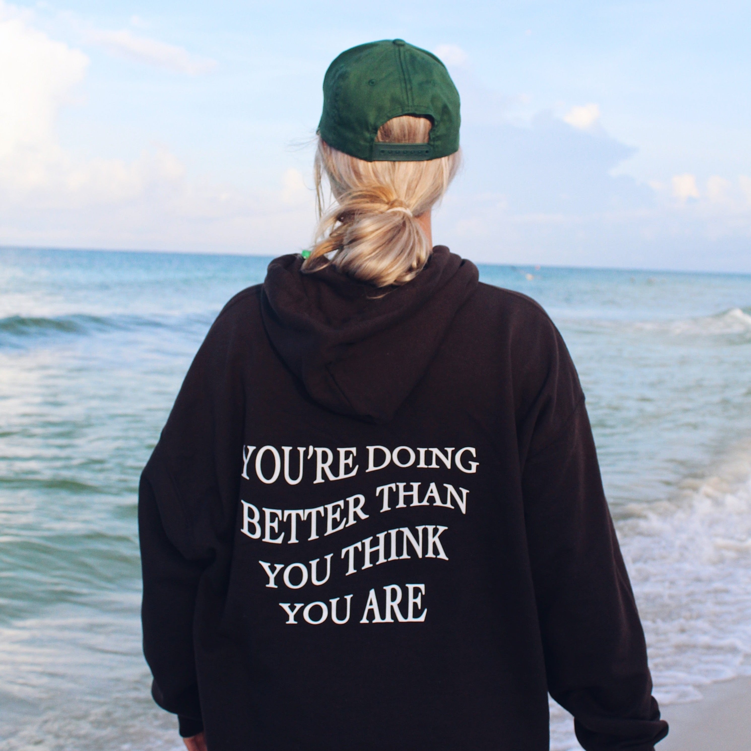gildan chocolate brown 50% cotton and 50% polyester hoodie with inspirational christian quote on the back. You're doing better than you think you are quote like trendy Pinterest and VSCO hoodies and sweatshirts
